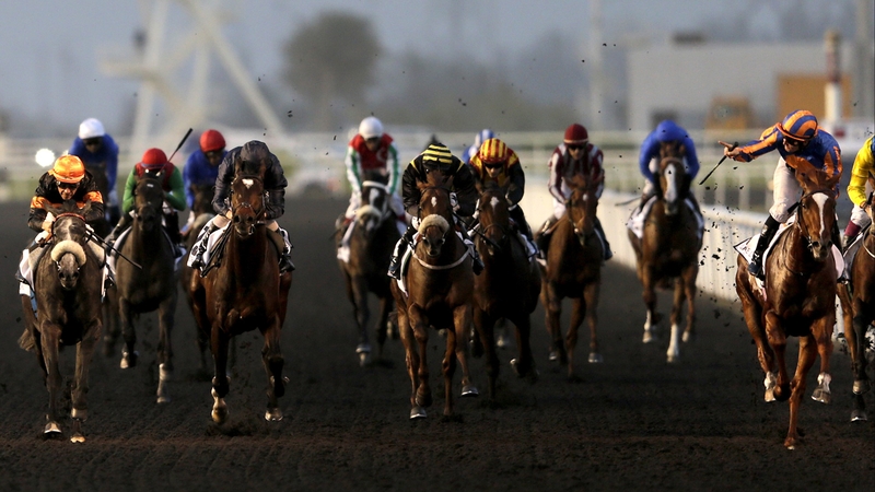 Colm O'Donoghue (r) celebrates after driving Daddy Long Legs to victory in the UAE Derby