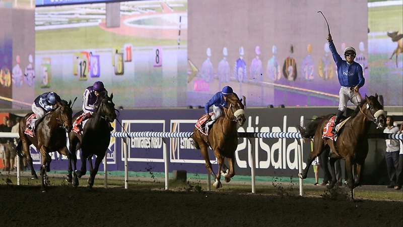 Mickael Barzalona celebrates Dubai World Cup victory aboard Monterosso (r)