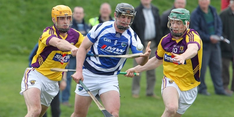Wexford's Eoin Quigley and Harry Kehoe tackle James Walsh of Laois