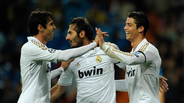 Kaka, Hamit Altintop and Cristiano Ronaldo celebrate during Real Madrid's easy win over APOEL Nicosia