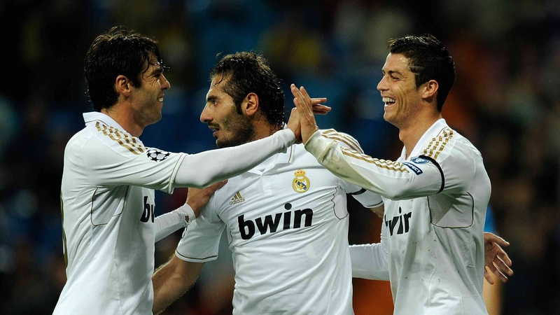 Kaka, Hamit Altintop and Cristiano Ronaldo celebrate during Real Madrid's easy win over APOEL Nicosia