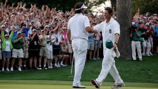 Bubba and caddie Ted Scott celebrate on the second play-off hole, the 10th at Augusta National