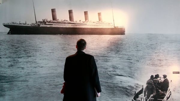 One of the last photographs of the Titanic, departing Cobh, on display at the Titanic Visitor Centre in Belfast