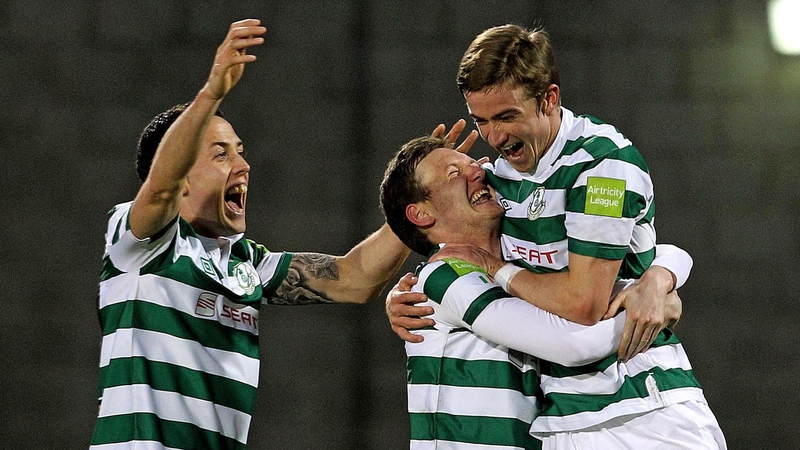 Gary Twigg celebrates with Billy Dennehy and Ronan Finn