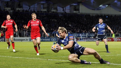 Fionn Carr goes over for Leinster