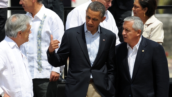 US President Barack Obama speaking with Guatemala's President Otto Perez and Chile's President Sebastian Pinera
