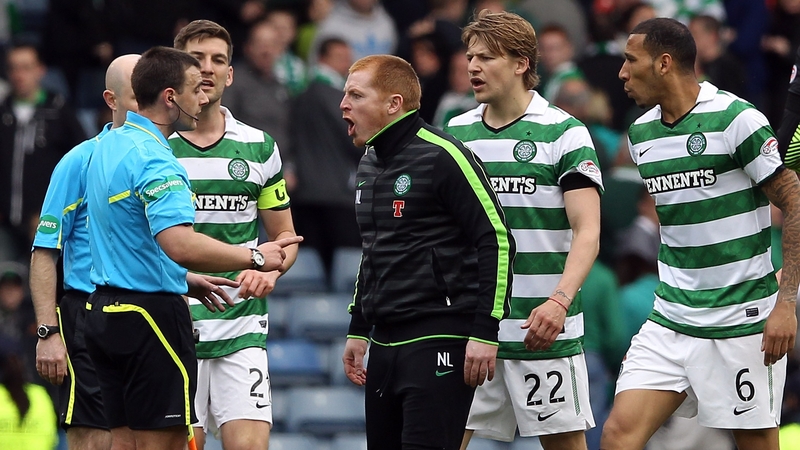 Celtic manager Neil Lennon confronts referee Euan Morris after his side's surprise exit from the Scottish Cup
