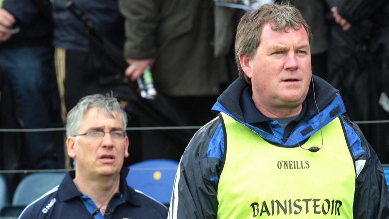 Terry Hyland, in Bainisteoir bib, with Val Andrews in the background during the 2011 Ulster Championship