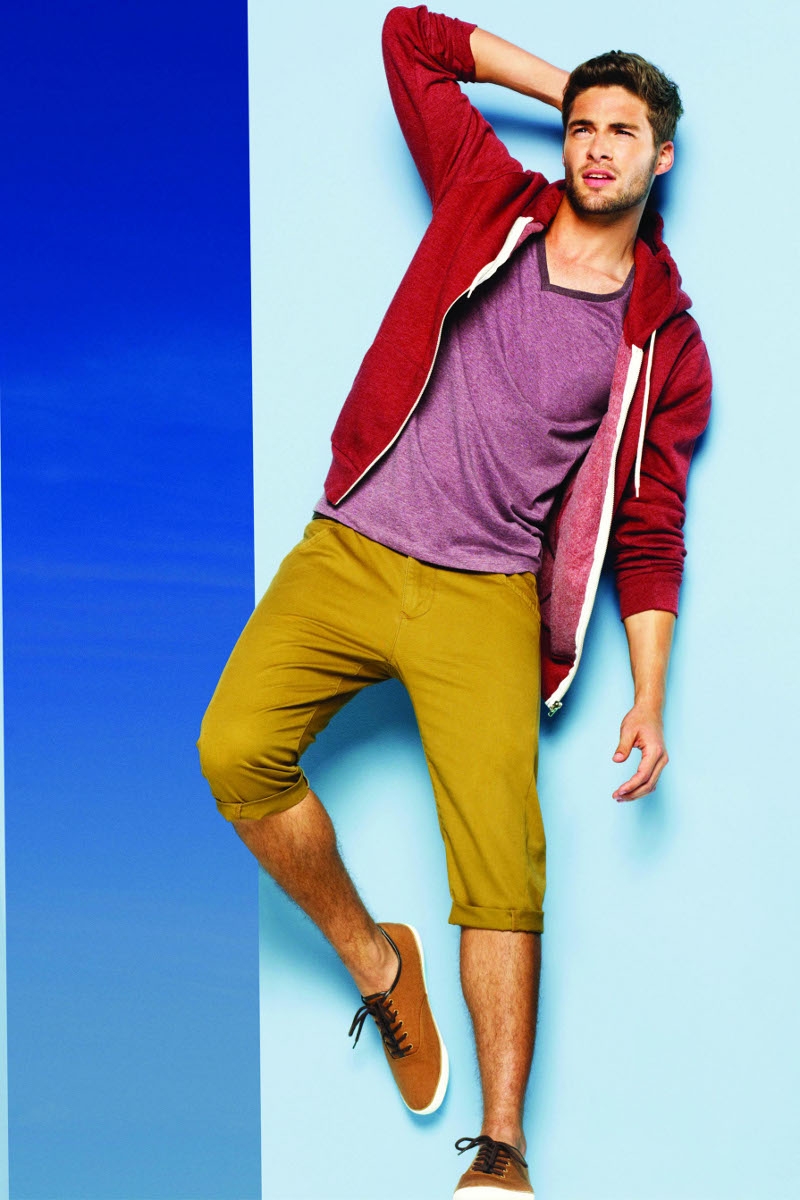 Hoody €14, purple tee €2.50, chino shorts €11 and canvas shoes €6