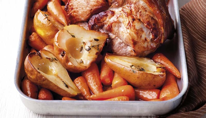 Roast Pork with Glazed Pears and Carrots