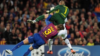 Gerard Pique was forced off after a nasty collision with Victor Valdes