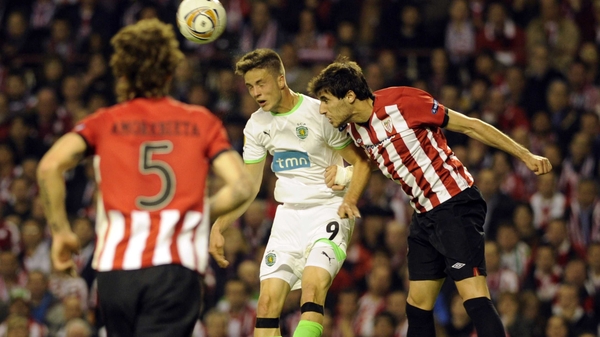 Sporting's Ricky Van Wolfswinkelcompetes with Athletic Bilbao's Javi Martinez