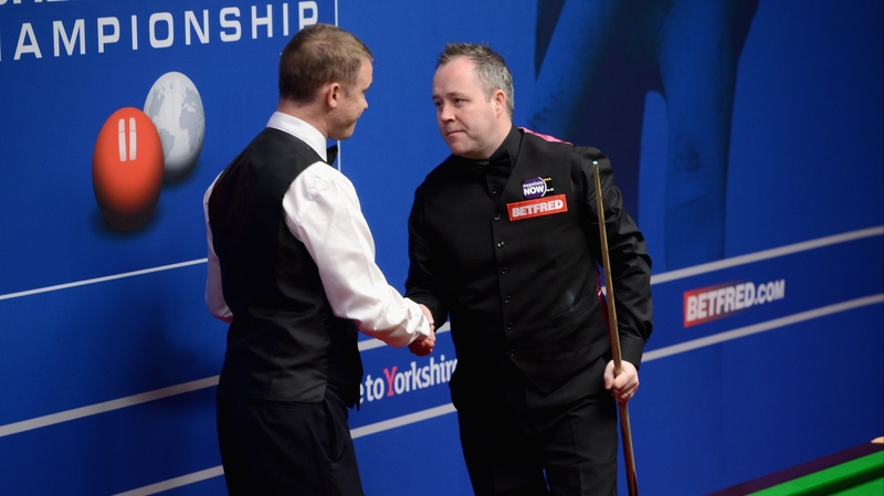 Stephen Hendry shakes hands with John Hendry after dishing out a 13-4 beating to his compatriot