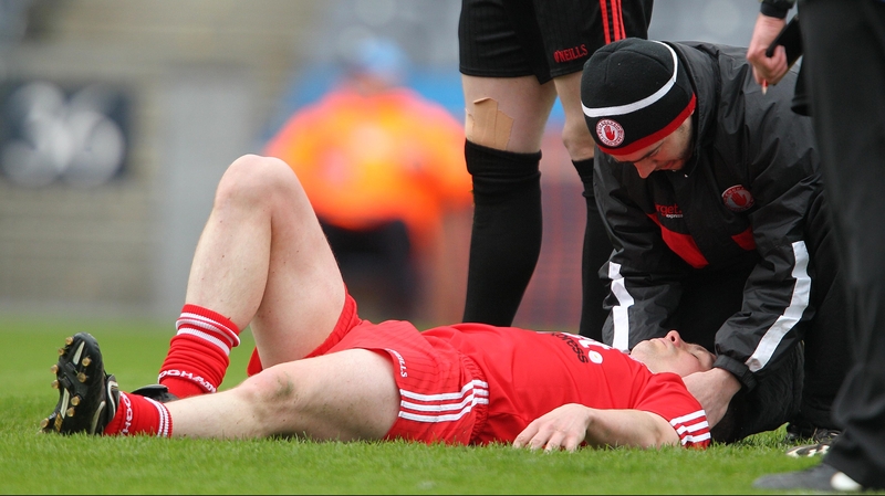 Aidan McCrory of Tyrone receives medical attention during the Allianz League Division 2 clash with Kildare