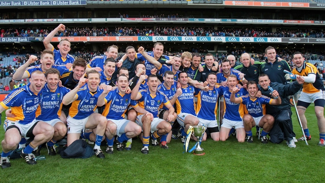Wicklow celebrate their Division 4 success on the hallowed turf of Headquarters