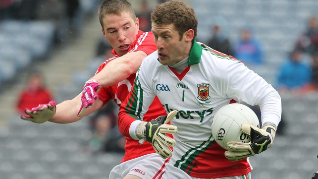 Mayo keeper David Clarke is put under pressure by Cork goalscorer Colm O'Neill