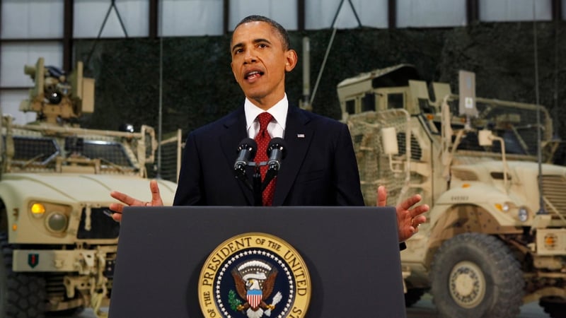 Barack Obama delivers an address during his visit to Bagram Air Base