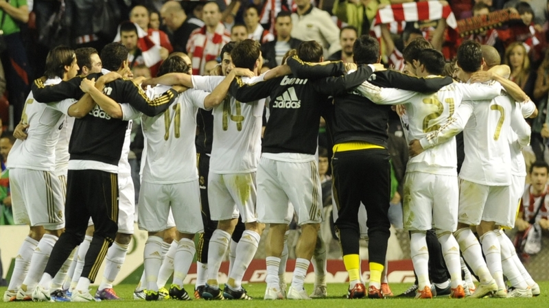 Real Madrid celebrate at the final whistle at San Mames