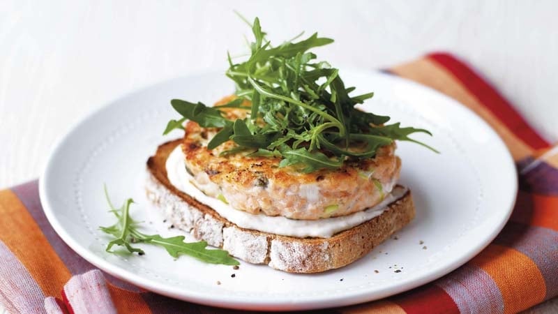Salmon Burger on Rye with Horseradish Cream