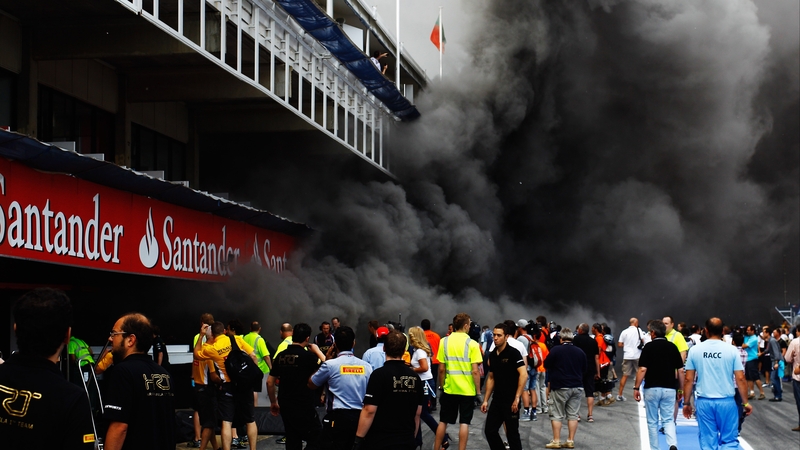 Smoke billowing from the Williams garage at the Spanish Grand Prix