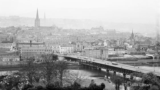 A general view of Derry city, with the Craigavon Bridge in the foreground, in May 1969. 
(C) RTÉ St…