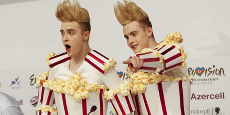 Jedward pictured at their press conference in Baku.