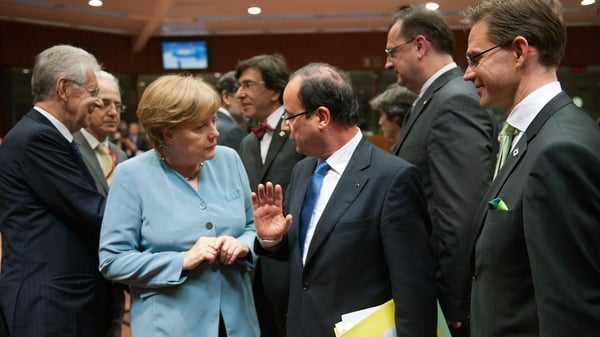 Merkel, Monti and Hollande attend the EU meeting