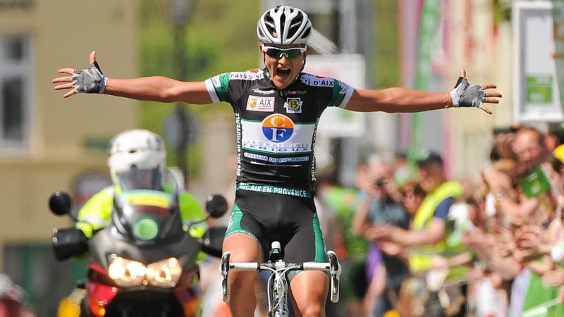 Thomas Rostollon crosses the finish line in Buncrana
