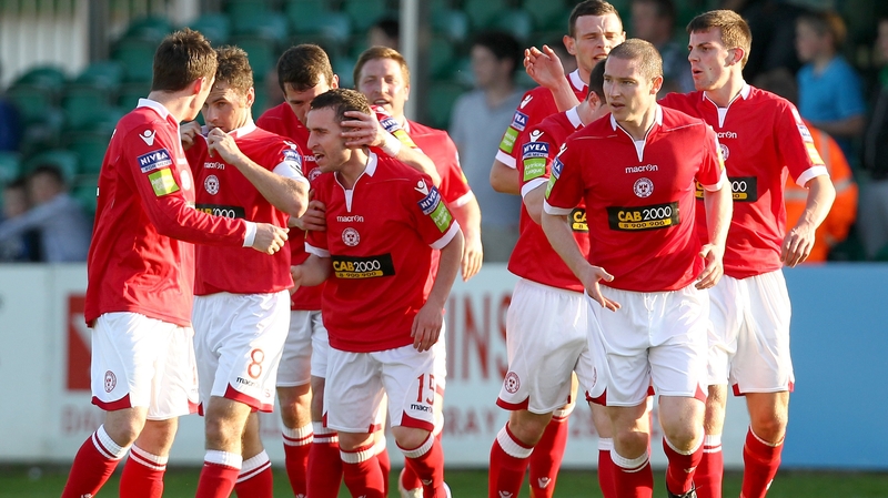 Shelbourne players celebrate Barry Clancy's goal