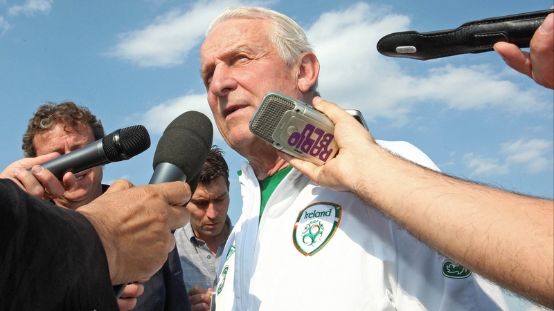 Giovanni Trapattoni addresses the 'hard-working' journalists in the spa town of Montecatini