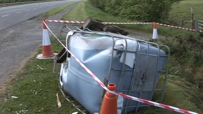 One of ten containers of diesel sludge found on roadside