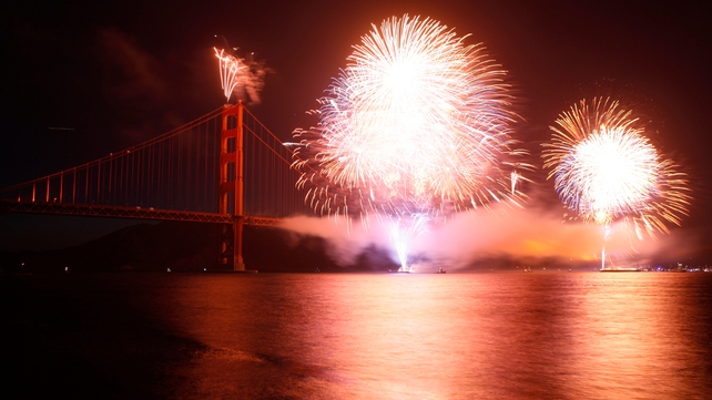 Fireworks illuminate the Golden Gate Bridge during the celebration of its 75th anniversary