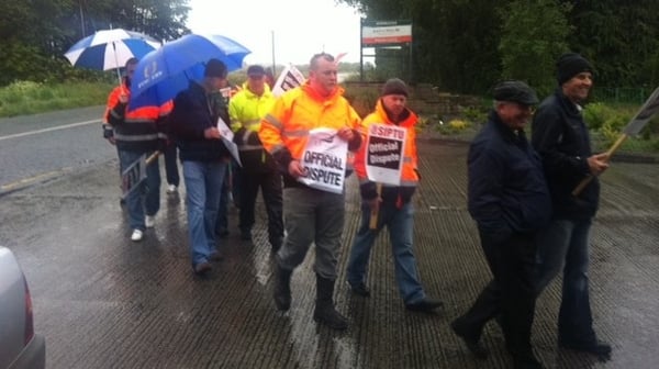 Picket on Bord na Móna peat briquette factory in Derrinlough, Co Offaly