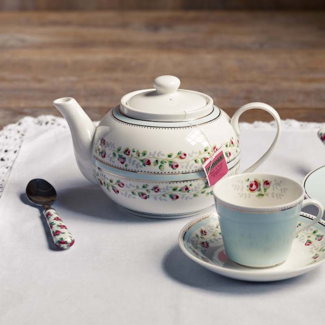 Tea rose stripe blue teapot;€36
Tea rose stripe blue trio gift set includes teacup, saucer and side plate; €18 from Cath Kidston