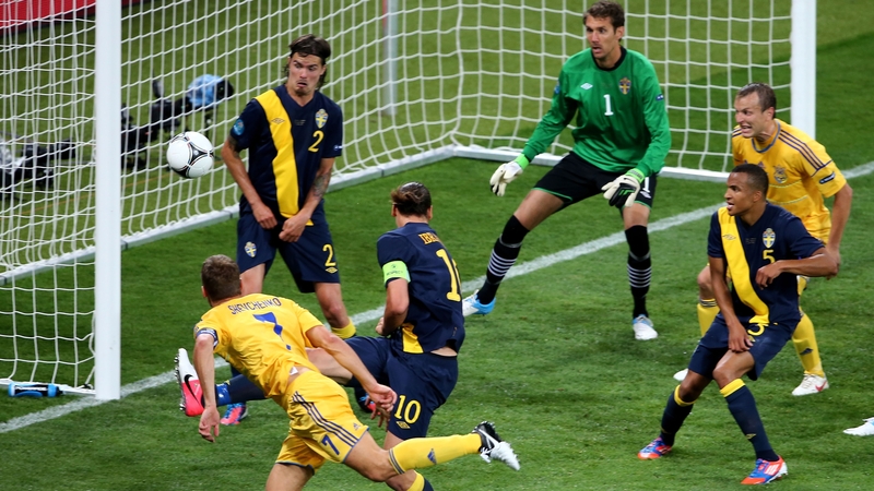Andriy Shevchenko scores his second goal of the game in Kiev from a glancing header