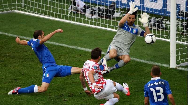 Mario Mandzukic of Croatia scores the opening goal past Gianluigi Buffon of Italy