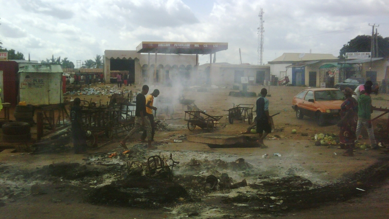 A gas station burned in retaliation after the bomb attacks