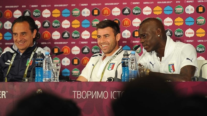 (L to R) Cesare Prandelli, Andrea Barzagli and Mario Balotelli talk to the press ahead of tonight's quarter-final