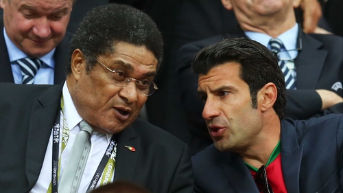 Portugal greats Eusebio and Luis Figo at the Portugal v Czech Republic match