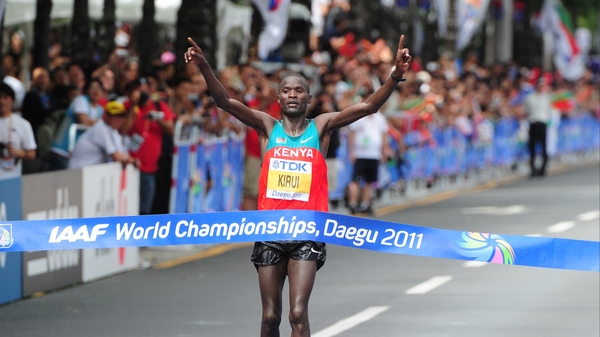 Abel Kirui crosses the line at the World Championships in Daegu in 2011