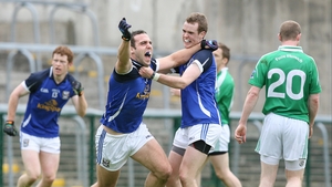 Eugene Keating celebrates with Niall Smith after scoring Cavan's third goal