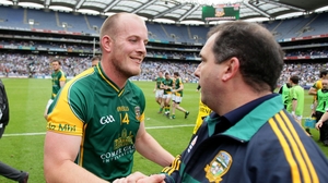 Meath forward Joe Sheridan and manager Séamus McEnaney celebrate after the game