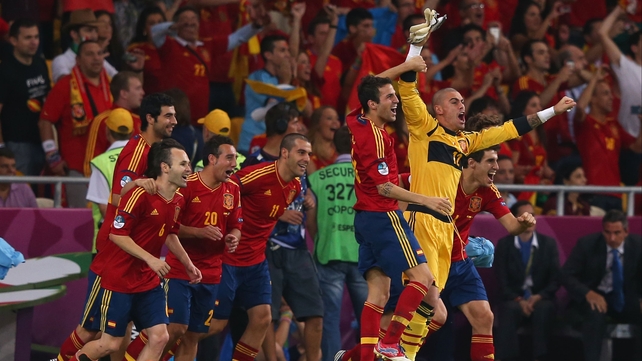 The Spanish bench express their delight on another night of triumph for the side
