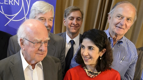 (L-R) Physicist Peter Higgs, Cern DG Rolf-Dieter Heuer, CMS experiment spokesman Joe Incandela, ATLAS experiment spokesperson Fabiola Gianotti and former Cern DG Christopher Llewelyn-Smith