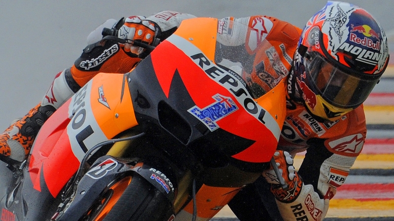 Casey Stoner took top spot with a best time of one minute 31.796 seconds late in the session