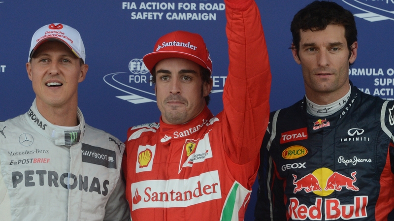 Mercedes' German driver Michael Schumacher (l), Ferrari's Spanish driver Fernando Alonso (c) and Red Bull Racing's Australian driver Mark Webber