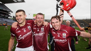 Galway's Iarlaith Tannian, Joe Canning and Niall Donoghue celebrate after the game