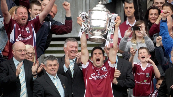 Galway captain Fergal Moore lifts the Bob O'Keeffe Cup for the first time in the county's history