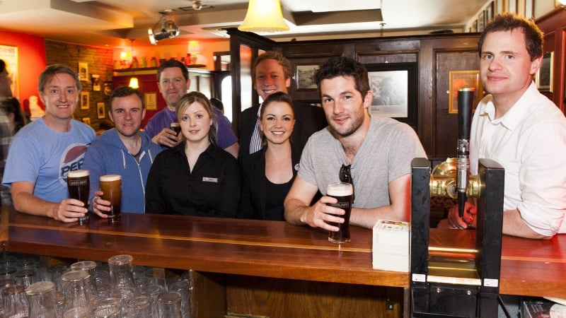 Cast members from Fair City launch Dooliner Bar at Hotel Doolin. Also pictured is hotelier John Burke (right) and staff of Hotel Doolin. Image David Olsthoorn.