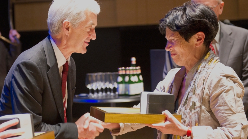 Helga Nowotny, right, President of the European Research Council, presents the ERC's Brain Prize